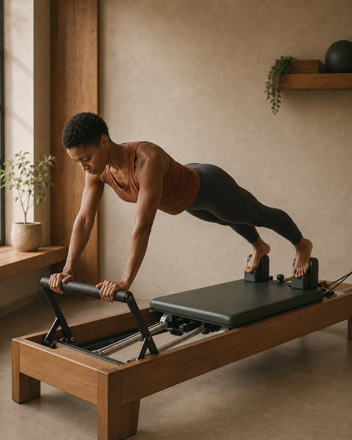 Exercici guiat en màquina de Pilates Reformer a Physio Wellness Sitges