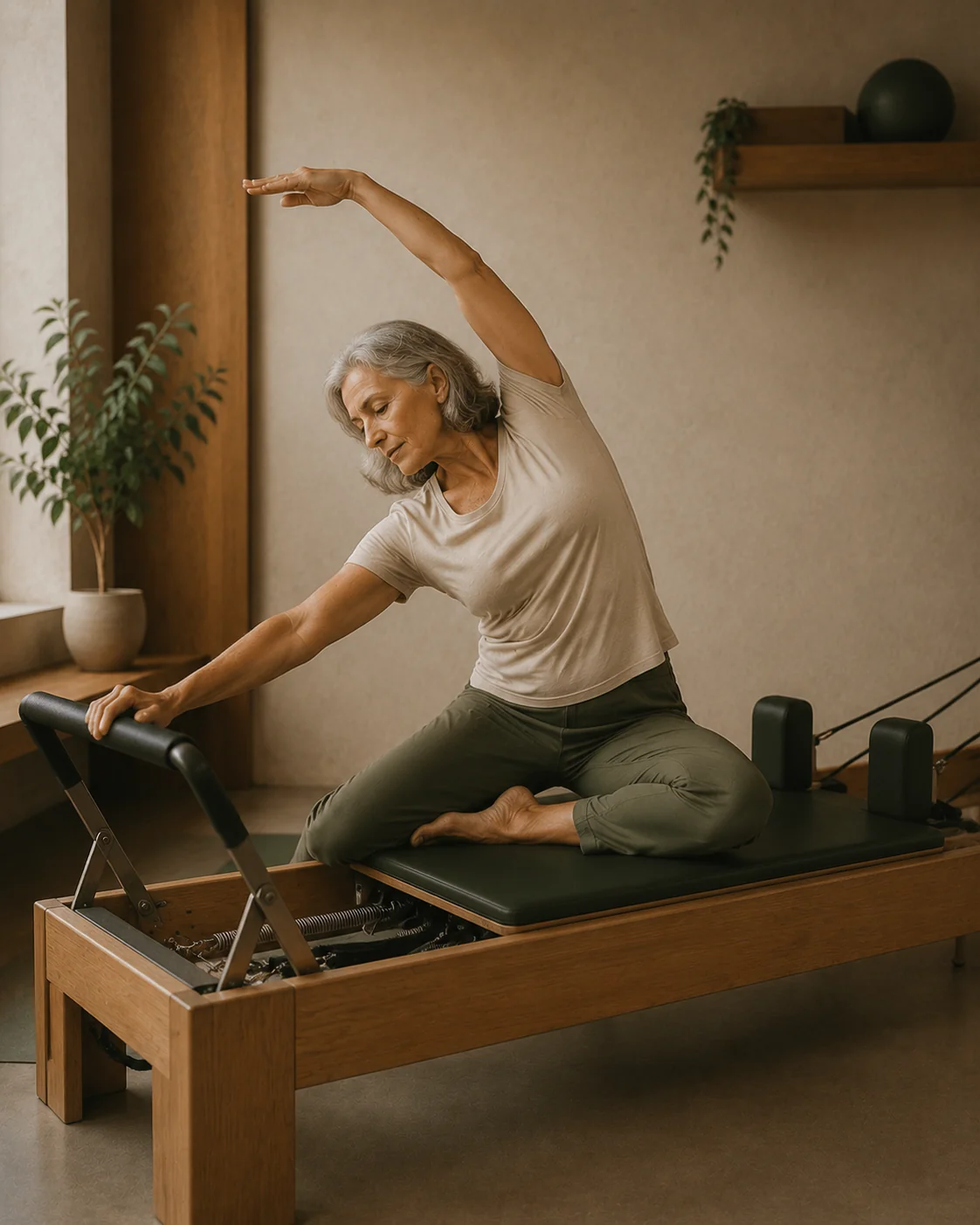 Mobilitat i control en extensió sobre màquina Reformer a Physio Wellness Sitges