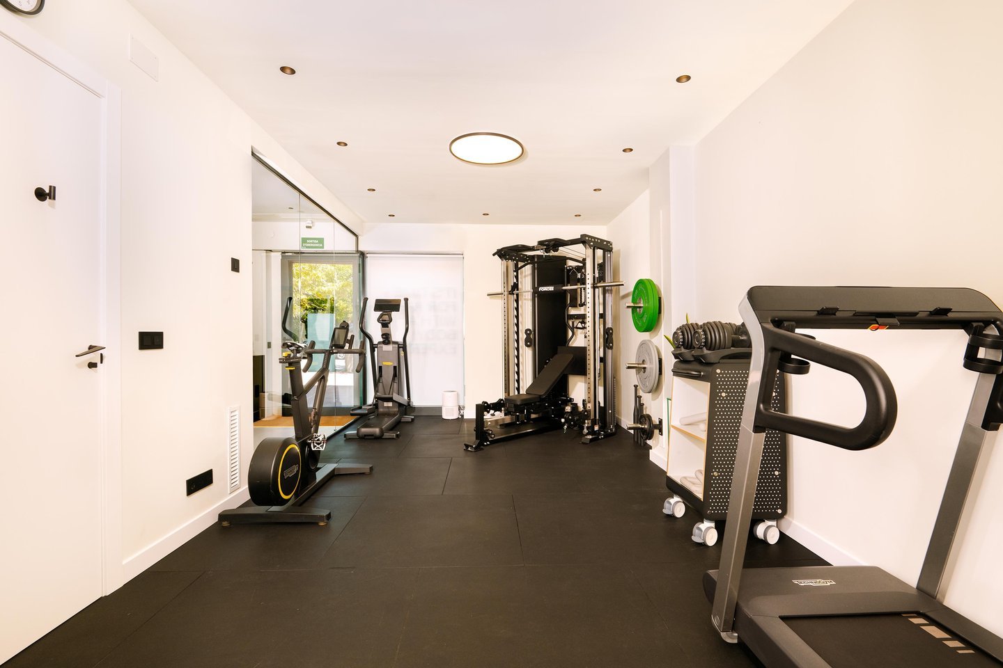 Zona de càrdio i força de Physio Wellness by Marshall amb bicicleta estàtica, el·líptica, cinta de córrer i rack multipower Force USA.
