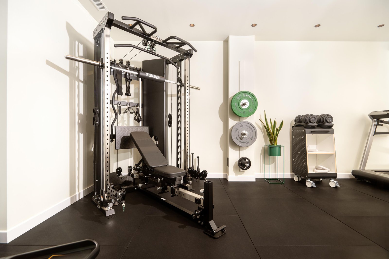Sala de força i entrenament funcional de Physio Wellness by Marshall, amb rack multipower Force USA i pesos de càrrega.